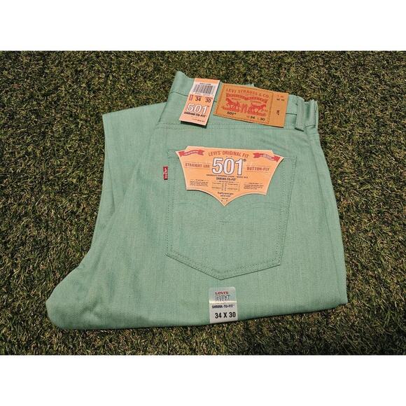 Levi's 501 Jeans Regular Straight Fit Mint Teal 34x30 Button Fly Raw Denim - Picture 1 of 9